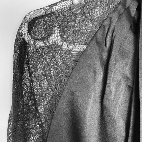 Jonathan Simkhai Satin Tie Neck Chantilly Lace Sleeve Wrap Black Blouse XS - Picture 6 of 12